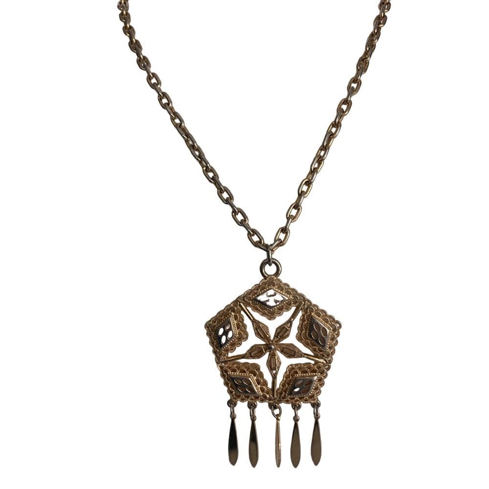 Vintage Gold Tone Star Medallion Pendant Necklace 5 Dangles Chunky Statement